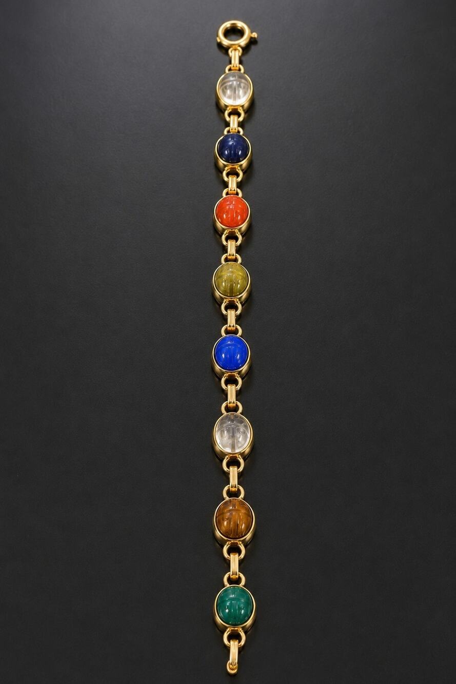 Vintage 14K Yellow Gold Multi Gemstone Scarab Link Bracelet Egyptian Revival